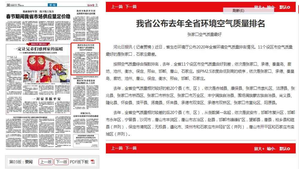 河北日报：我省公布去年全省环境空气质量排名